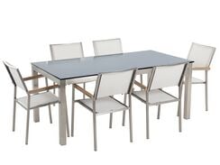 6-istuttava ulkoruokailuryhmä lasitaso tekstiilituolit musta/valkoinen GROSSETO 6-istuttava ulkoruokailuryhmä lasitaso tekstiilituolit musta/valkoinen GROSSETO