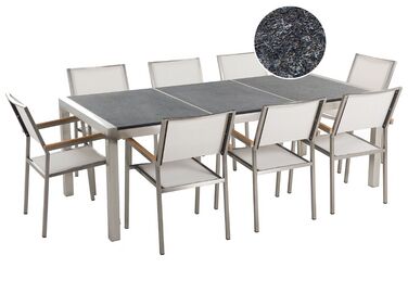Table de jardin acier inox plateau granit triple noir flambé 220 cm avec 8 chaises en textile blanc GROSSETO