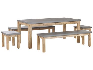 Set de jardin 8 places table avec 2 bancs et 2 tabourets gris en fibre-ciment et bois OSTUNI