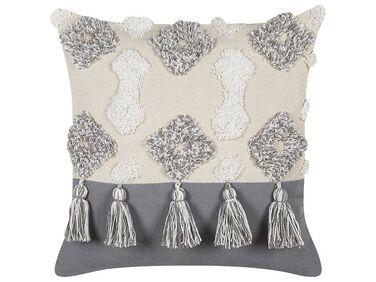 Tufted Cotton Cushion with Tassels 45 x 45 cm Beige and Grey ALOCASIA