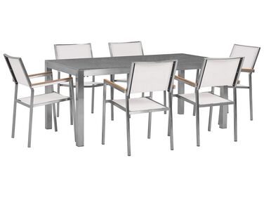 Hatszemélyes szürke gránit étkezőasztal fehér textilén székekkel GROSSETO