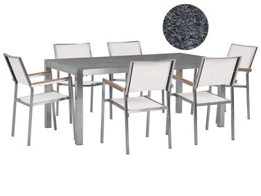 Hatszemélyes szürke gránit étkezőasztal fehér textilén székekkel GROSSETO
