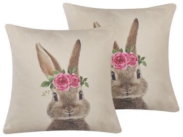 Lot de 2 coussins décoratifs tête de lapin gris / rose 45 x 45 cm TULIPA