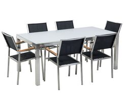 6-istuttava ulkoruokailuryhmä valkoinen lasitaso tekstiilituolit valkoinen/musta GROSSETO 6-istuttava ulkoruokailuryhmä valkoinen lasitaso tekstiilituolit valkoinen/musta GROSSETO