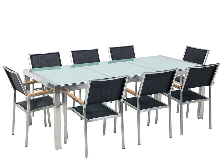 Set tavolo e sedie da giardino in vetro temperato e fibra tessile nera tavolo 220 con 8 sedie GROSSETO_677394