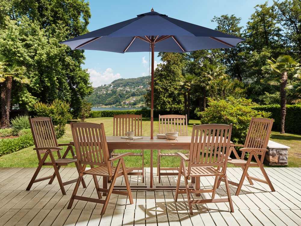 blau Akazienholz mit AMANTEA 6-Sitzer Gartenmöbel Set dunkelbraun Sonnenschirm
