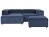 Kombinálható kétszemélyes jobb oldali kék kordbársony kanapé ottománnal APRICA_909043