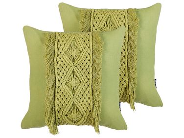 Set of 2 Cotton Macrame Cushions with Tassels 45 x 45 cm Green KALAM