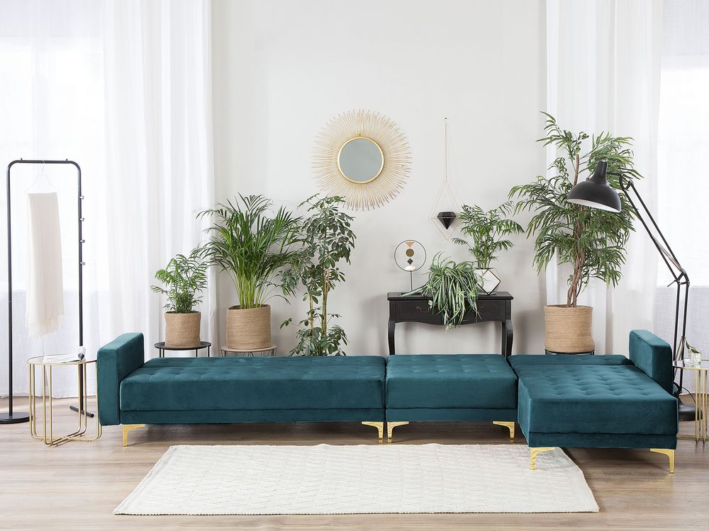 Sofá cama esquinero de terciopelo verde azulado izquierdo ABERDEEN