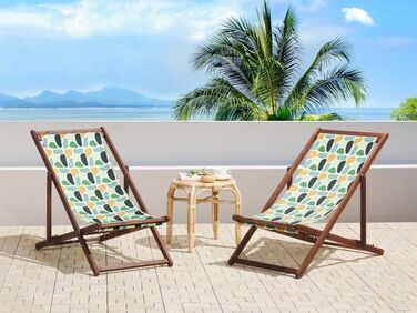 Set of 2 Acacia Folding Deck Chairs and 2 Replacement Fabrics Dark Wood with Off-White / Multicolour Geometric Pattern ANZIO