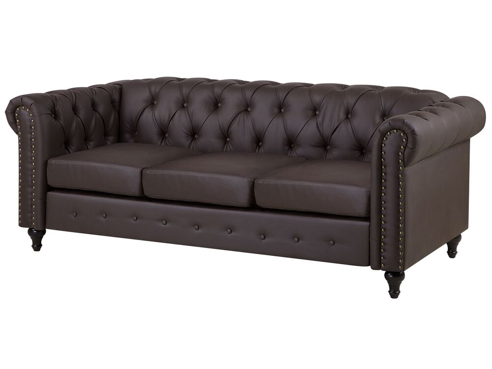 3 Seater Faux Leather Sofa Brown CHESTERFIELD Beliani.co.uk