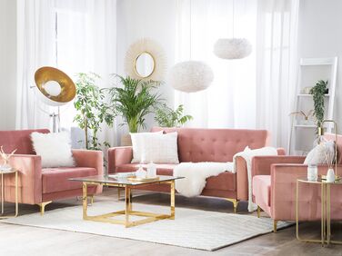 5-seters sofagruppe med søvnfunksjon  fløyel rosa ABERDEEN
