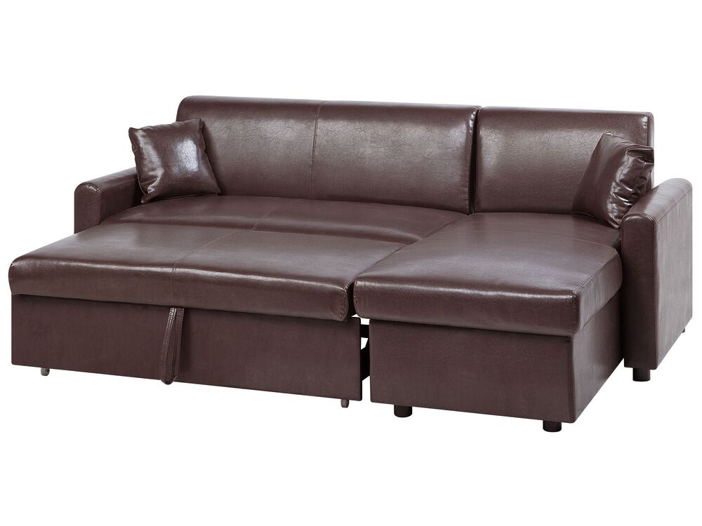 Left Hand Faux Leather Corner Sofa Bed with Storage Dark Brown OGNA