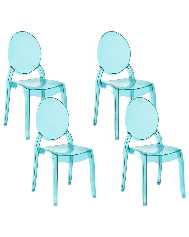 Sada 4 jidelních průhledných plastových židlí v modré barvě MERTON_690257