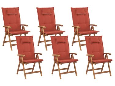 Zestaw 6 krzeseł ogrodowych składany drewno akacjowe z poduszkami czerwonymi JAVA