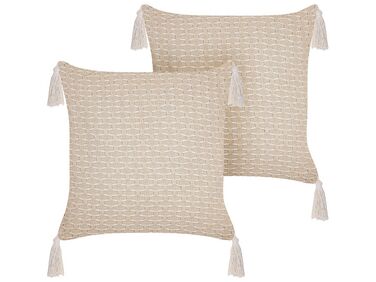 Set of 2 Cushions Geometric Pattern with Tassels 42 x 42 cm Light Beige HAKONE
