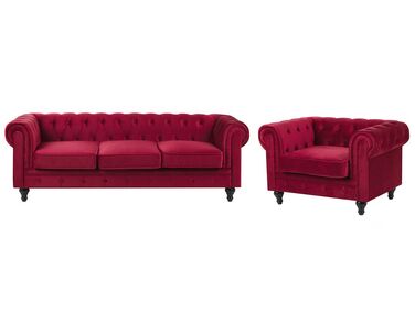 Conjunto de sofás com 4 lugares em veludo vermelho escuro CHESTERFIELD