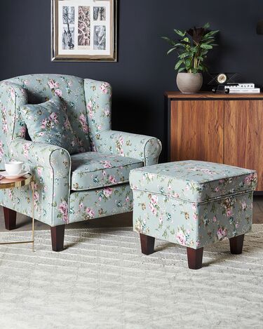 Fabric Wingback Chair with Footstool Floral Pattern Green HAMAR