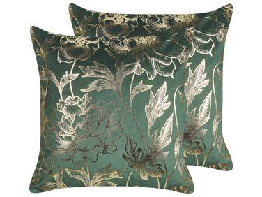 Set of 2 Velvet Cushions Floral Print 45 x 45 cm Green DAFFODIL