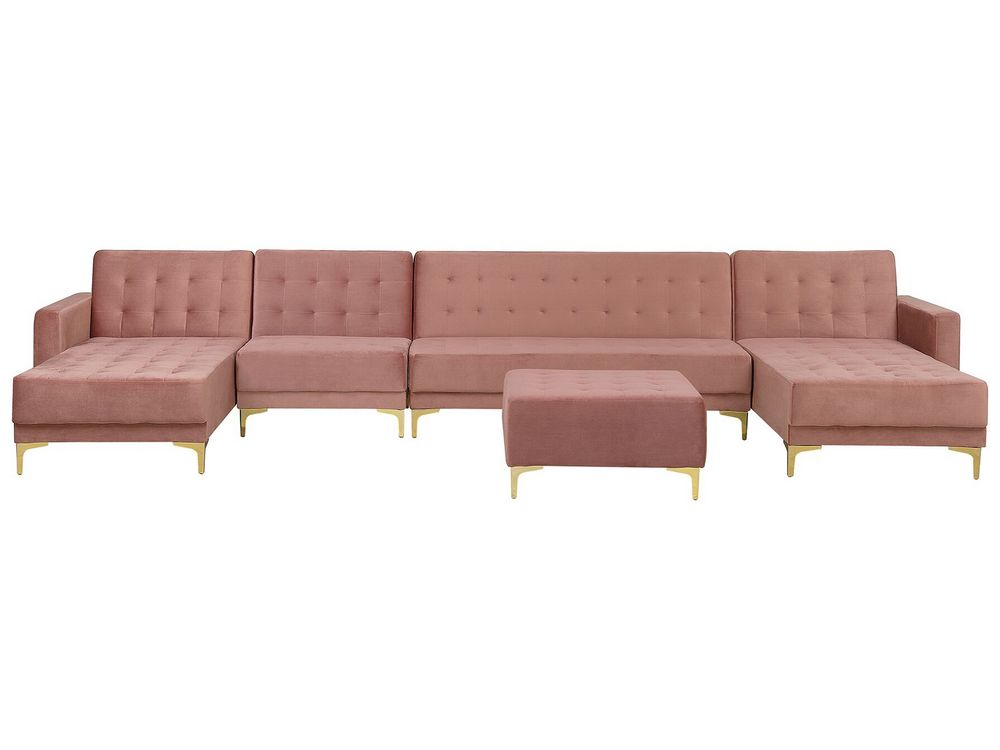 6 Seater UShaped Modular Velvet Sofa with Ottoman Pink ABERDEEN