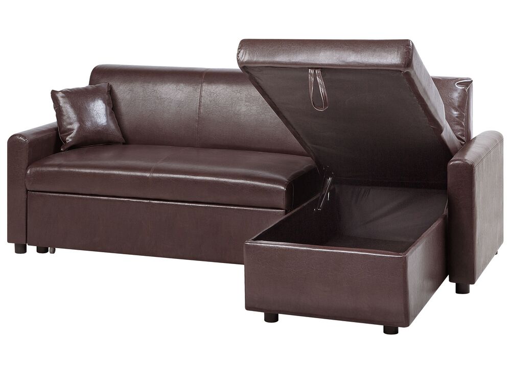 Left Hand Faux Leather Corner Sofa Bed with Storage Dark Brown OGNA