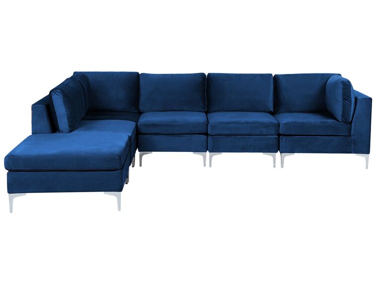 Canapé d'angle modulaire 5 places côté droit avec ottoman en velours bleu marine EVJA_859870