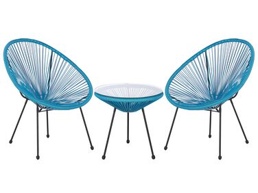 2 fauteuils spaghetti en rotin bleu et table pour intérieur et extérieur ACAPULCO II