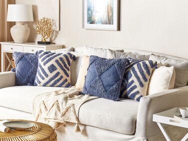 Tufted Cotton Cushion with Tassels 45 x 45 cm Beige and Blue JACARANDA
