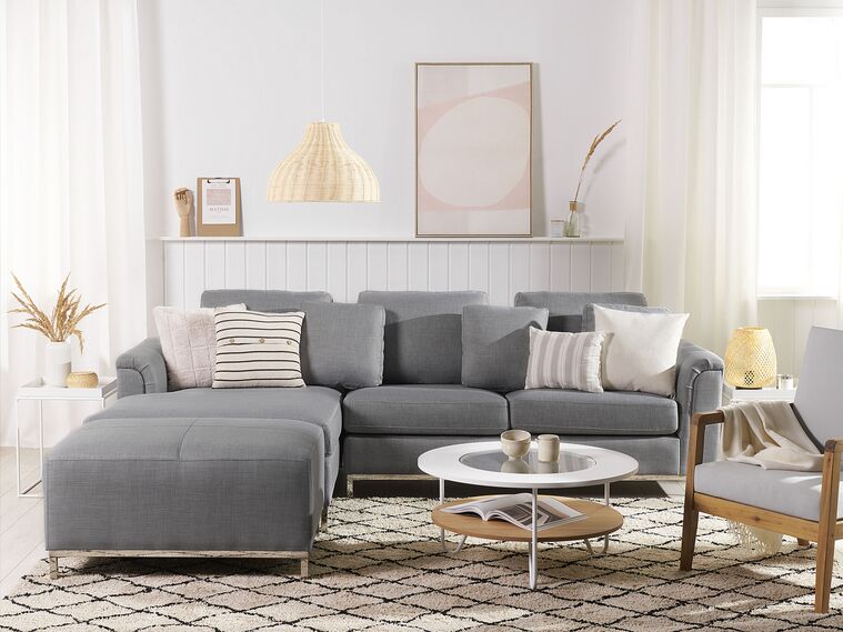 Right Hand Fabric Corner Sofa with Ottoman Light Grey OSLO | Beliani.co.uk