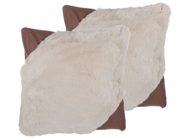 Set of 2 Faux Fur Cushions 42 x 42 cm Beige EHNAR
