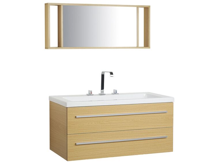 Béžový nástenný nábytok do kúpeľne so zásuvkou a zrkadlom ALMERIA_768666