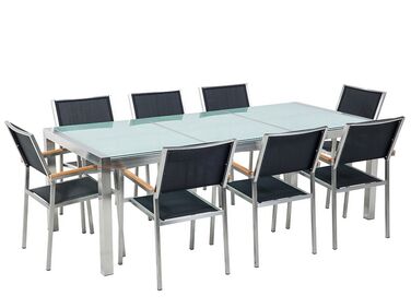 Conjunto de mesa com tampo triplo vidro temperado 220 x 100 cm e 8 cadeiras pretas GROSSETO