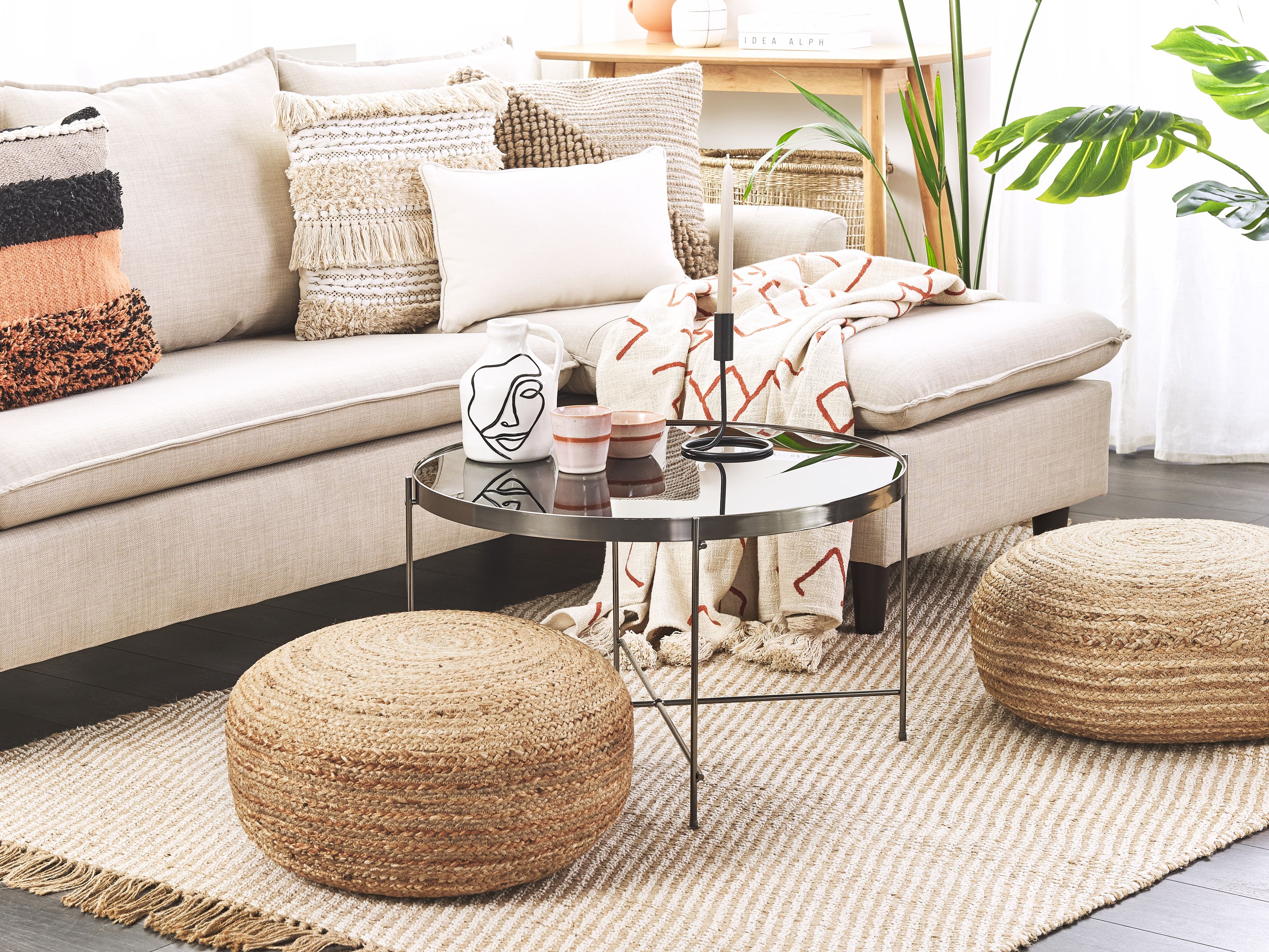 Pouf Vert et Beige en Jute et Laine 50 x 50 cm à Motif Oriental Style Kilim Gopi