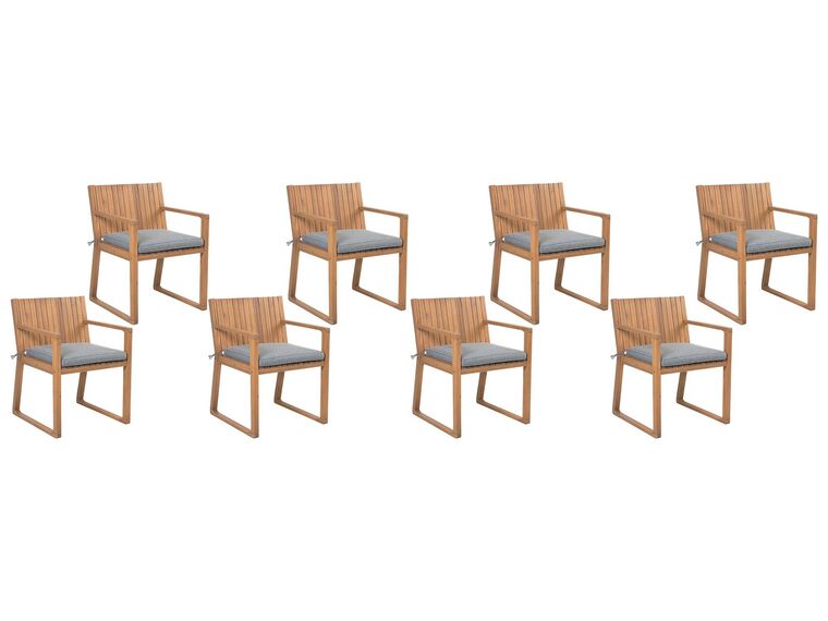 Zestaw 8 krzeseł ogrodowych akacjowy jasne drewno z poduszkami szarymi SASSARI_745999