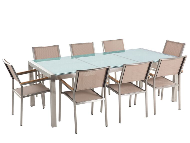 Sada zahradního nábytku stůl se skleněnou deskou 220 x 100 cm 8 béžových židlí GROSSETO_677367