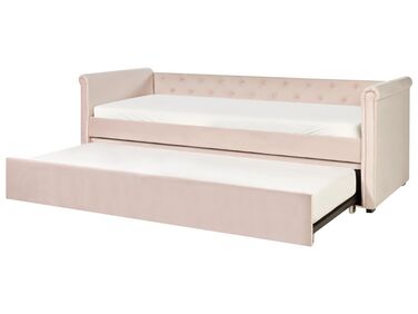Rozkladacia zamatová posteľ 80 x 200 cm pastelová ružová LIBOURNE