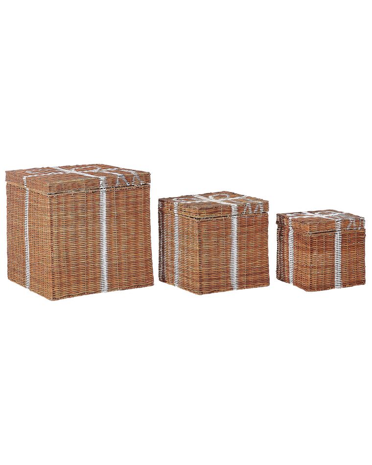 Set of 3 Rattan Storage Boxes Brown CADEAU_880268