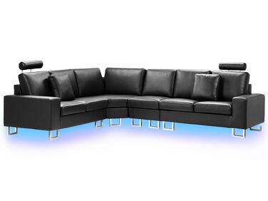 Sofa med LED Højrevendt Sort Læder STOCKHOLM