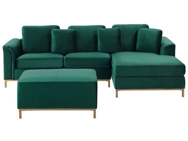 Left Hand Velvet Corner Sofa with Ottoman Emerald Green OSLO