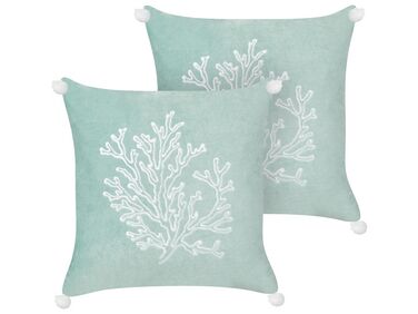 Set of 2 Velvet Cushions Coral Motif 45 x 45 cm Mint Green NORI