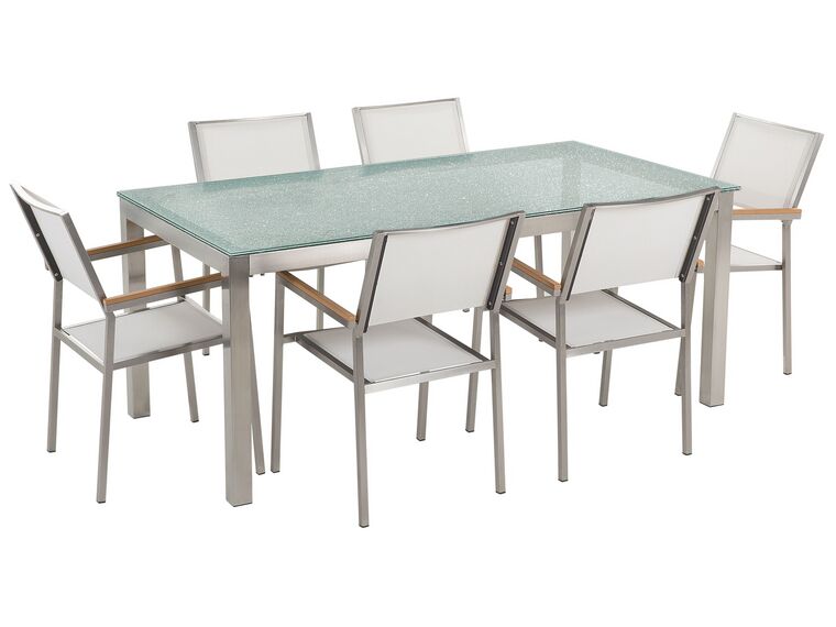 Hatszemélyes étkezőasztal üveglappal és fehér textilén székekkel GROSSETO_725243