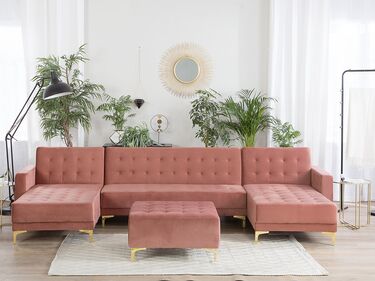 5 Seater U-Shaped Modular Velvet Sofa with Ottoman Pink ABERDEEN