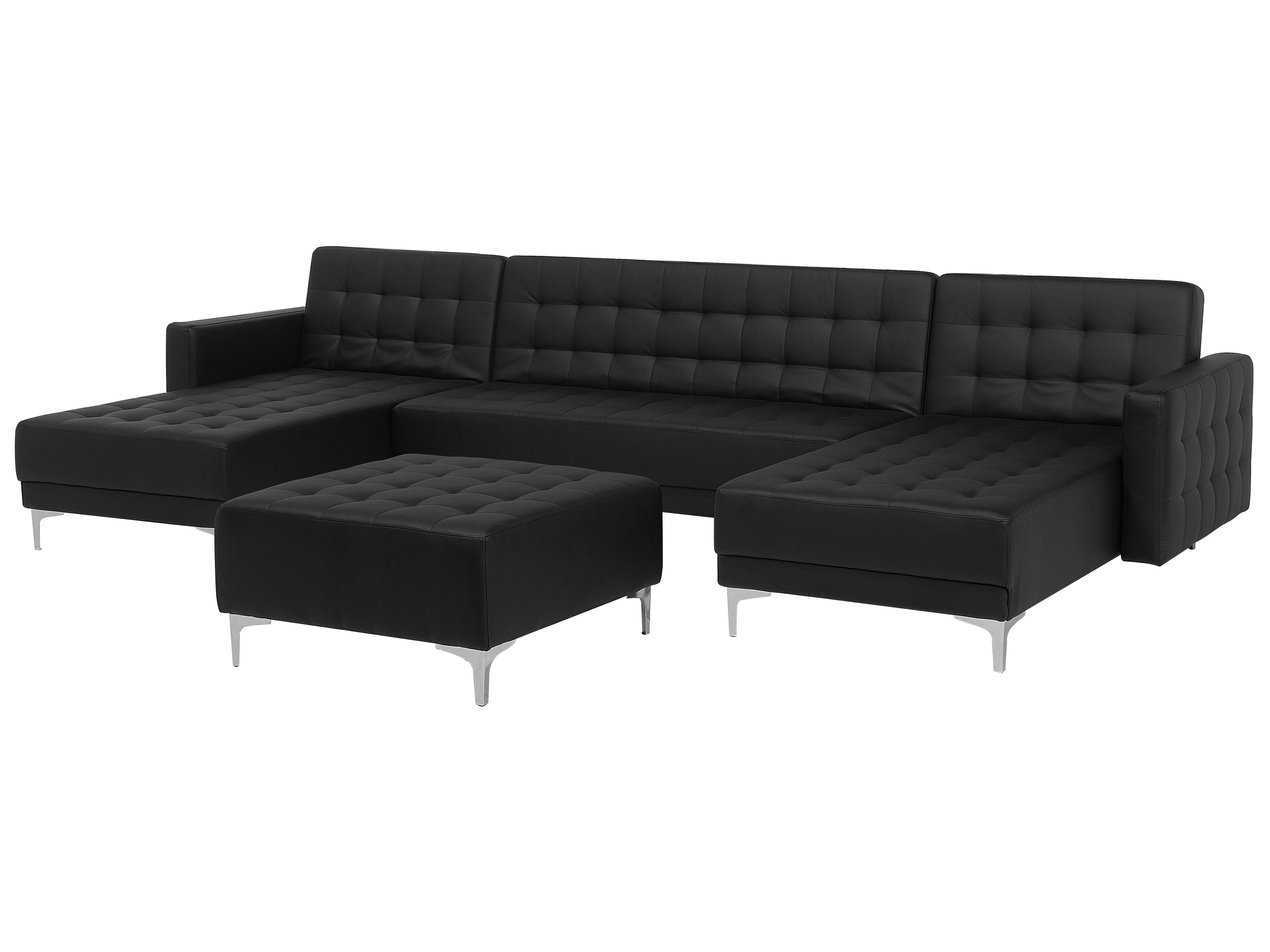 5 Seater UShaped Modular Faux Leather Sofa with Ottoman Black ABERDEEN