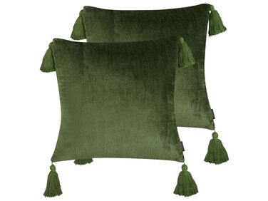 Set of 2 Velvet Cushions with Tassels 45 x 45 cm Green HIZZINE