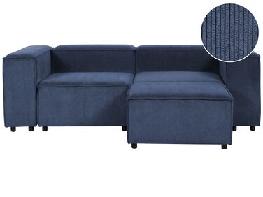 Kombinálható kétszemélyes kék kordbársony kanapé ottománnal APRICA