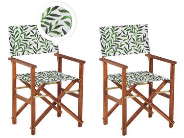 Conjunto 2 cadeiras de jardim madeira escura e 2 lonas creme e padrão folhas CINE