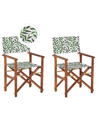 Conjunto 2 cadeiras de jardim madeira escura e 2 lonas creme e padrão folhas CINE