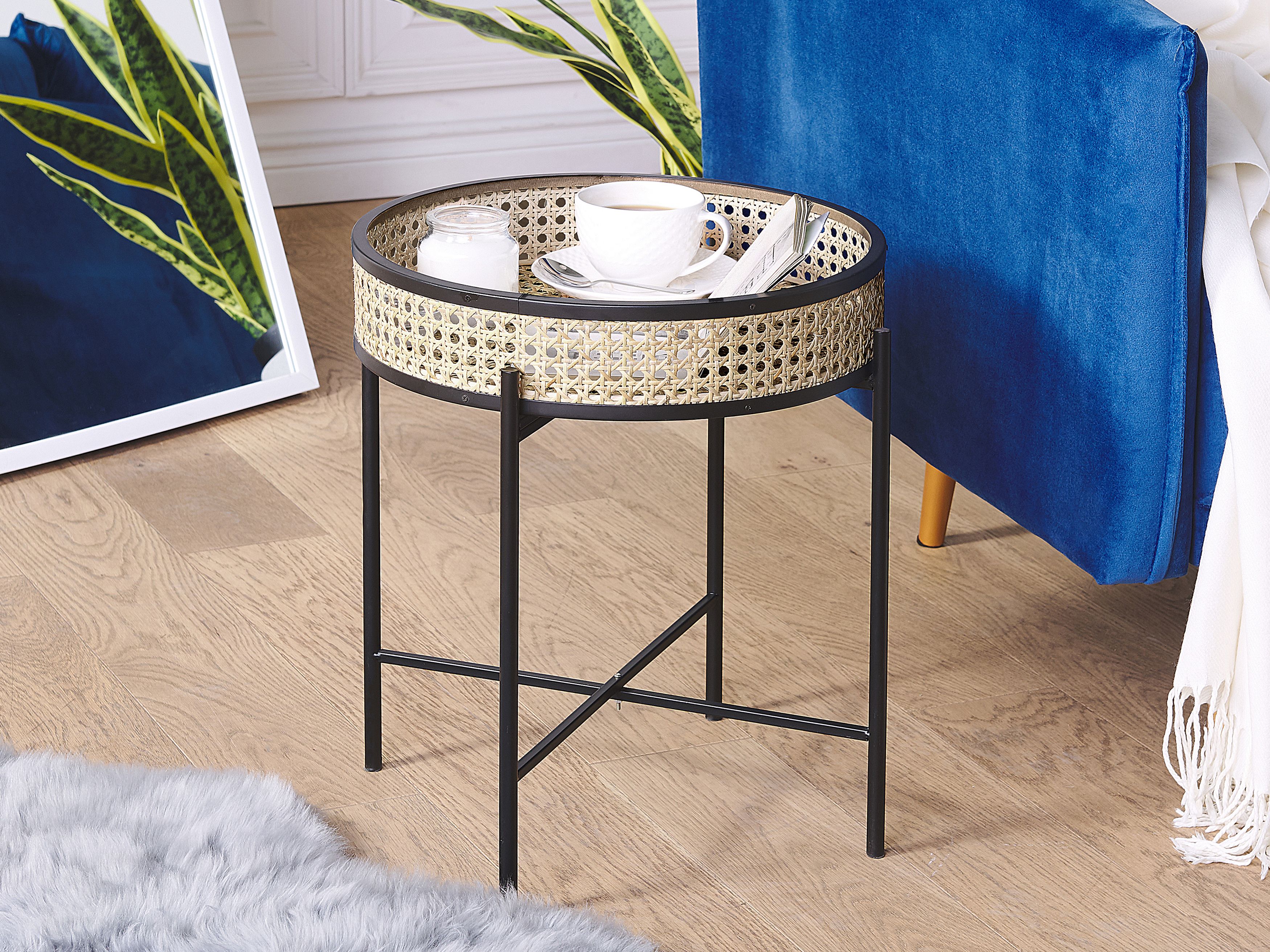 Tray Side Table Black with Light Rattan VIENNA Beliani.co.uk