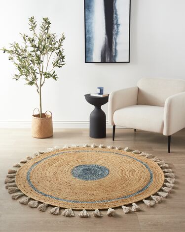 Round Jute Area Rug ⌀ 140 cm Beige and Blue OBAKOY