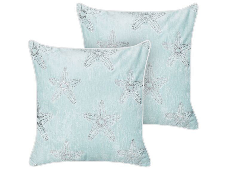 Set of 2 Velvet Cushions Starfish Motif 45 x 45 cm Blue CERAMIUM_892958